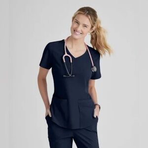 SKECHERS by Barco 3 Pocket V Neck Scrub Top Navy Small